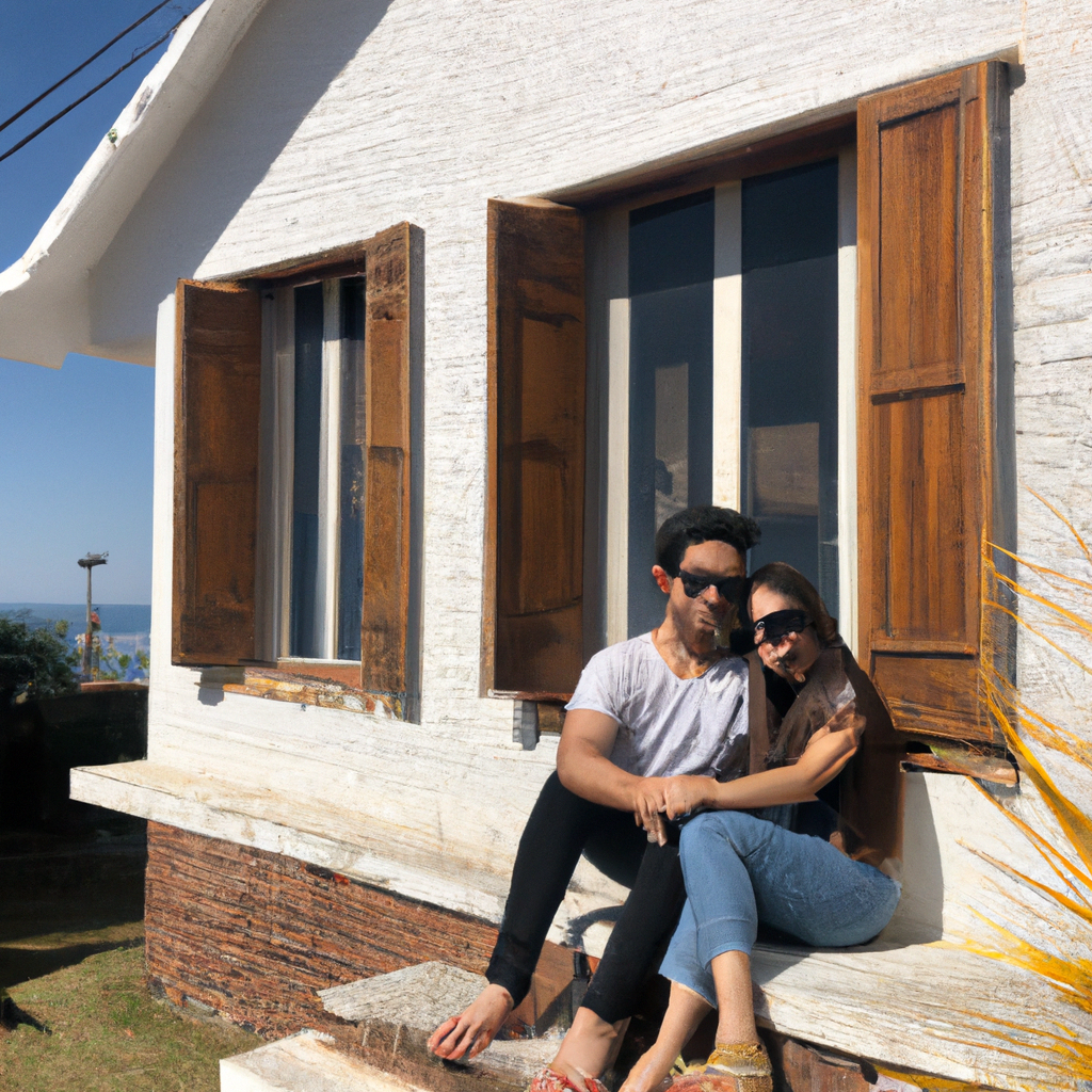 Casal feliz em sua nova casa de férias no litoral